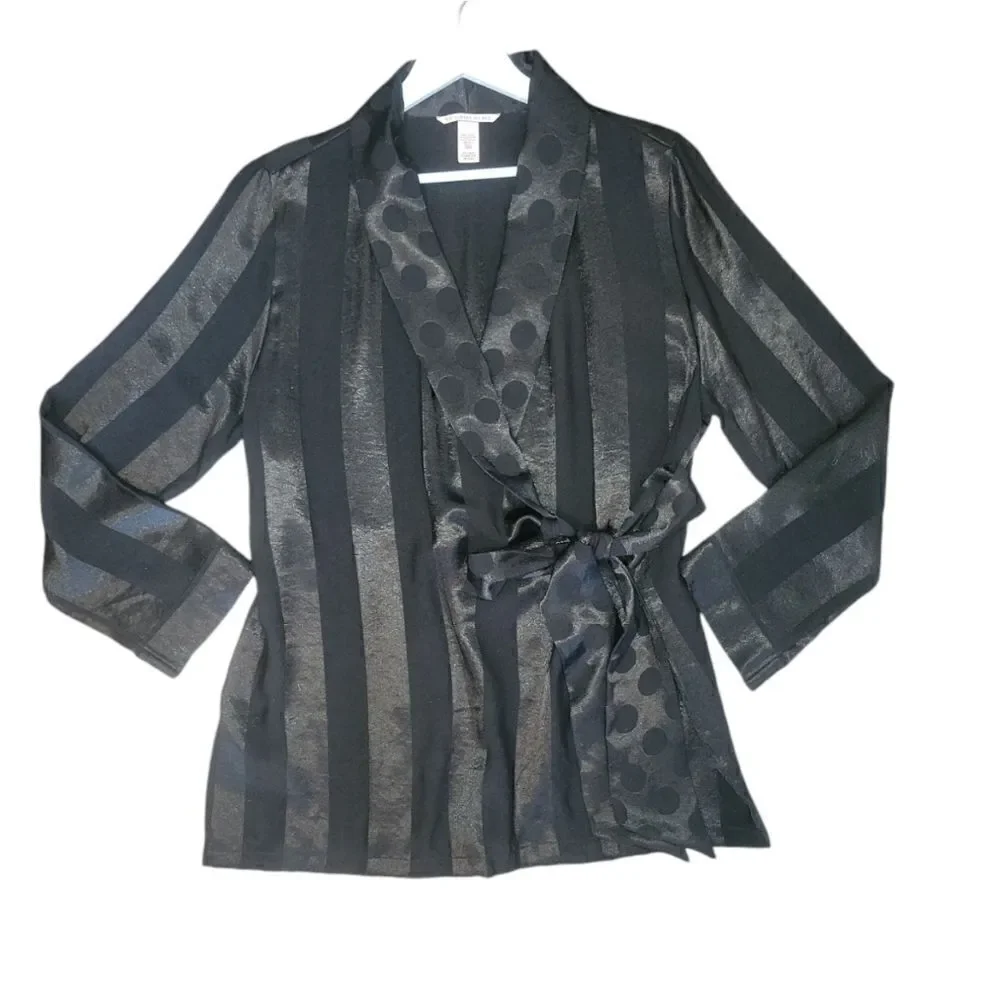 NWOT Victorias Secret Kimono Wrap Robe Black Satin Stripe Polka Dot Medium/Large